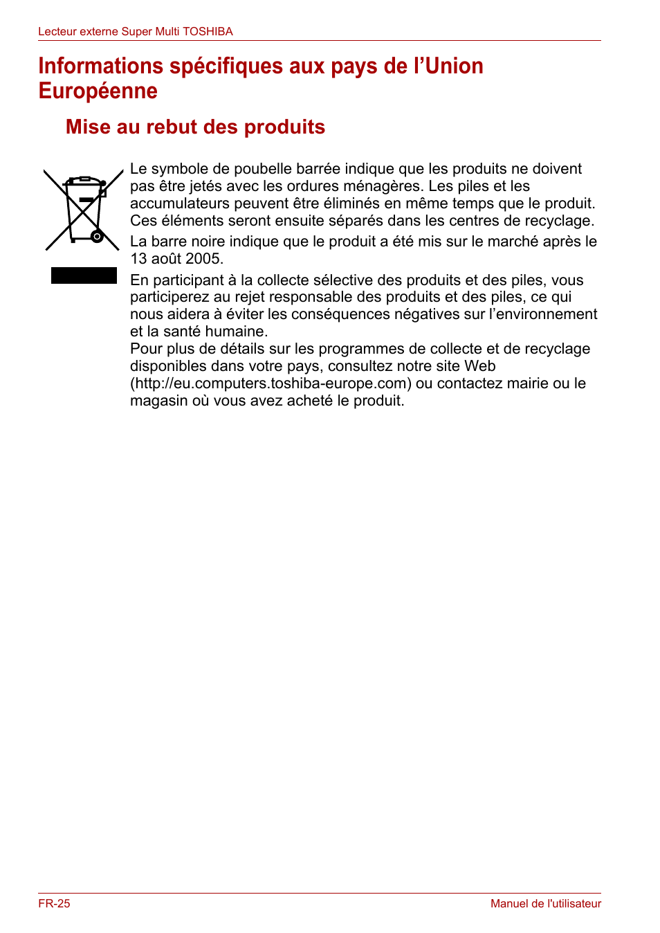 Mise au rebut des produits | Toshiba External SuperMulti Drive User Manual | Page 168 / 533