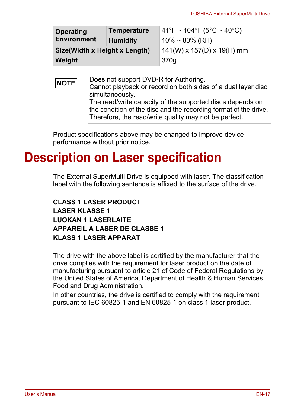 Description on laser specification | Toshiba External SuperMulti Drive User Manual | Page 17 / 533