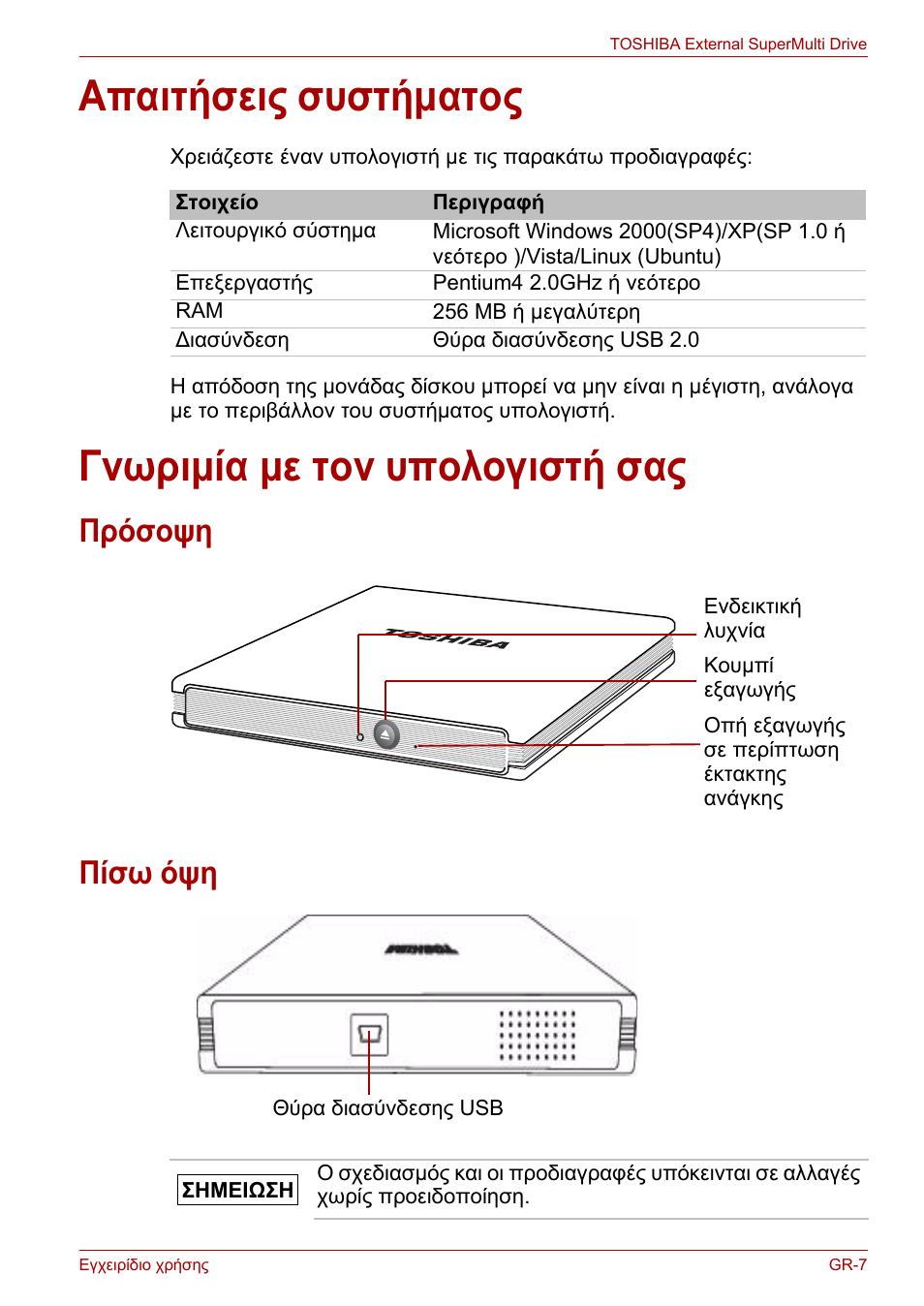 Απαιτήσεις συστήματος, Γνωριμία με τον υπολογιστή σας, Πρόσοψη | Πίσω όψη, Πρόσοψη πίσω όψη | Toshiba External SuperMulti Drive User Manual | Page 175 / 533