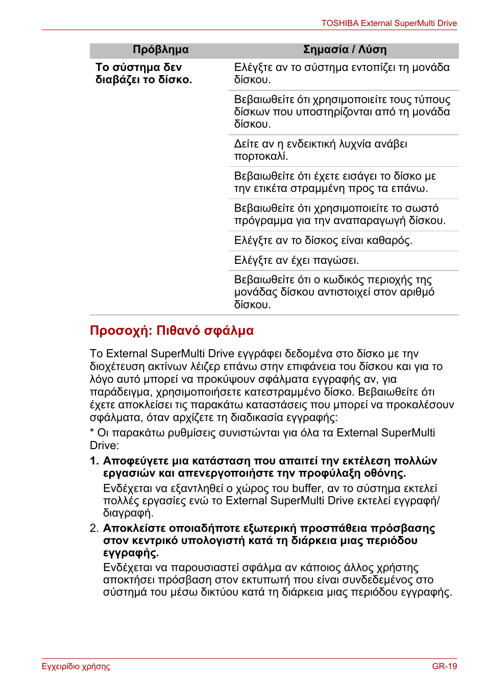 Προσοχή: πιθανό σφάλμα | Toshiba External SuperMulti Drive User Manual | Page 187 / 533