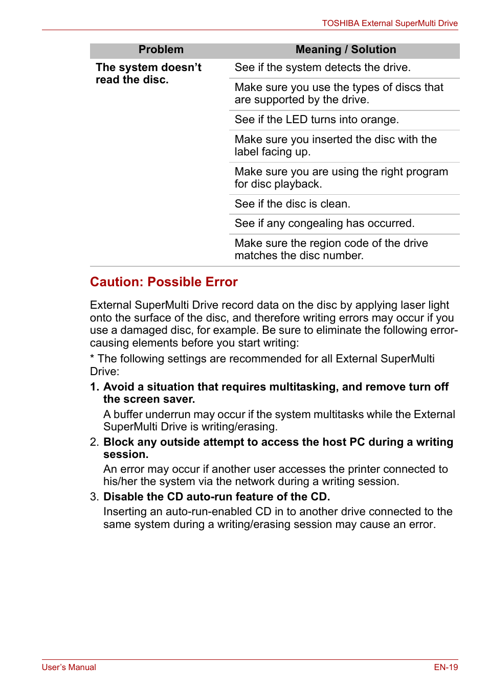 Caution: possible error | Toshiba External SuperMulti Drive User Manual | Page 19 / 533