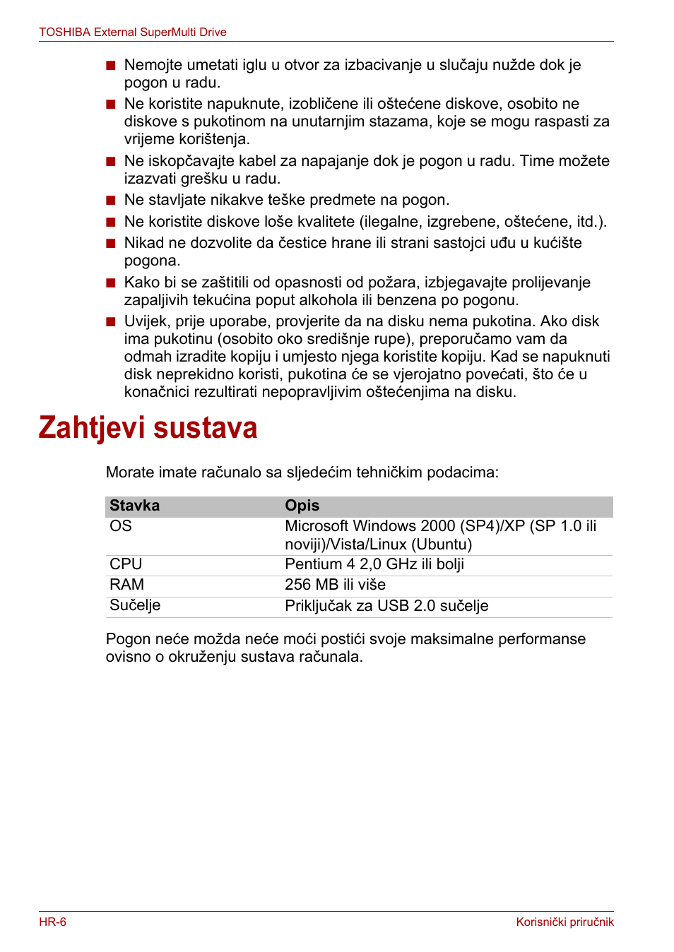 Zahtjevi sustava | Toshiba External SuperMulti Drive User Manual | Page 200 / 533