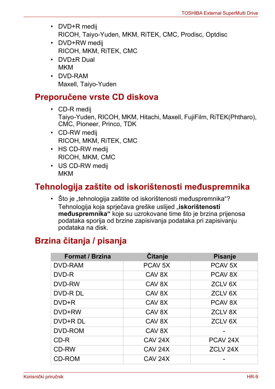 Preporučene vrste cd diskova, Brzina čitanja / pisanja | Toshiba External SuperMulti Drive User Manual | Page 203 / 533