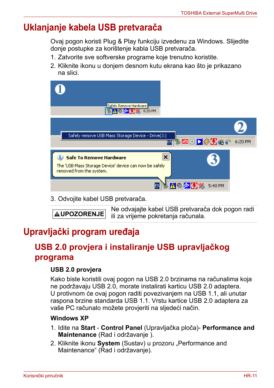 Uklanjanje kabela usb pretvarača, Upravljački program uređaja | Toshiba External SuperMulti Drive User Manual | Page 205 / 533