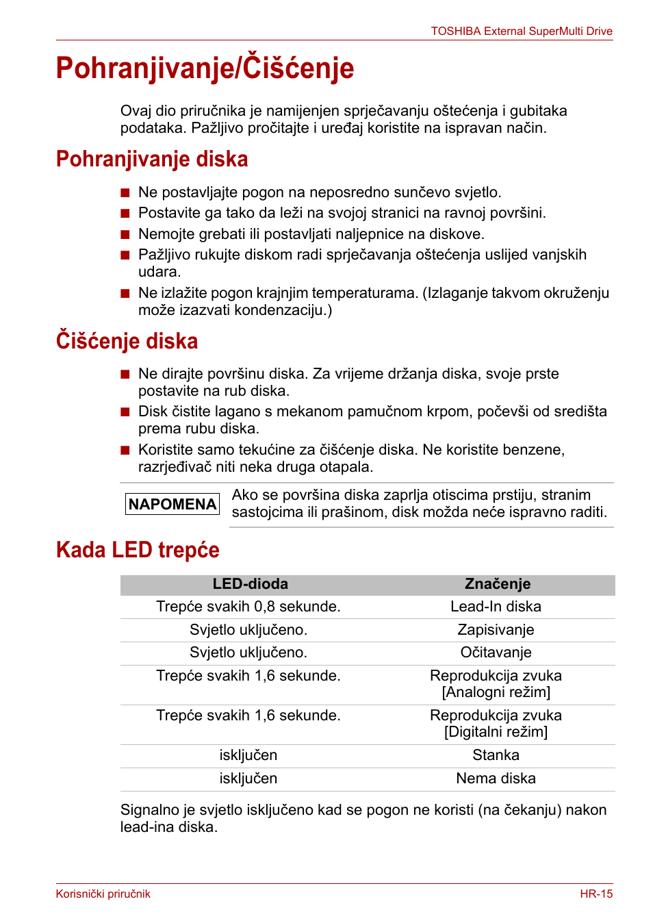 Pohranjivanje/čišćenje, Pohranjivanje diska, Čišćenje diska | Kada led trepće, Pohranjivanje diska čišćenje diska kada led trepće | Toshiba External SuperMulti Drive User Manual | Page 209 / 533