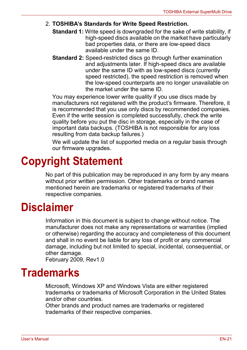 Copyright statement, Disclaimer, Trademarks | Copyright statement disclaimer trademarks | Toshiba External SuperMulti Drive User Manual | Page 21 / 533