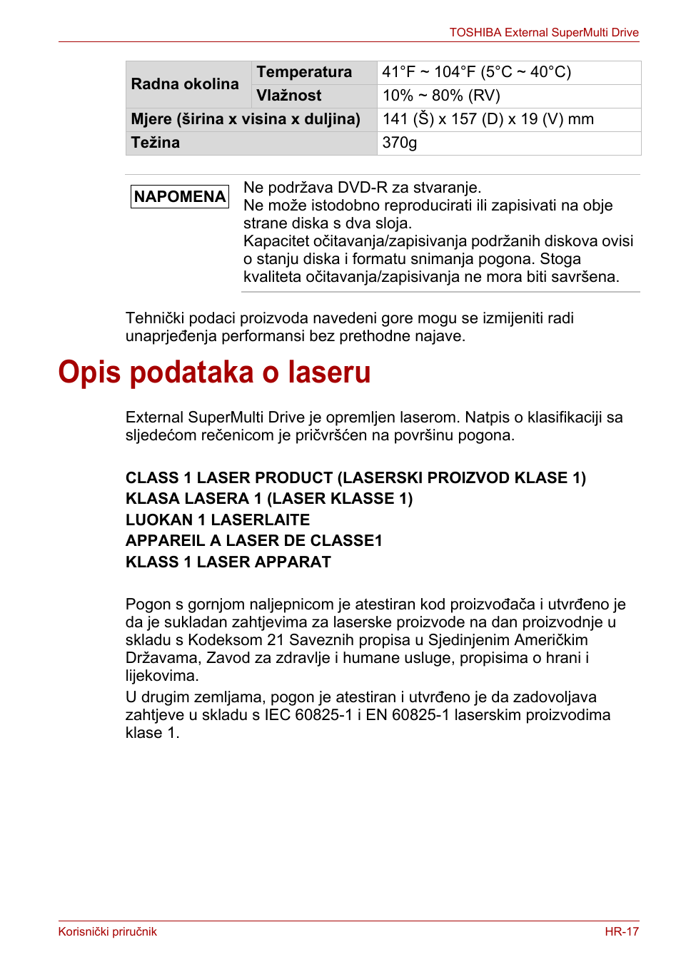 Opis podataka o laseru | Toshiba External SuperMulti Drive User Manual | Page 211 / 533