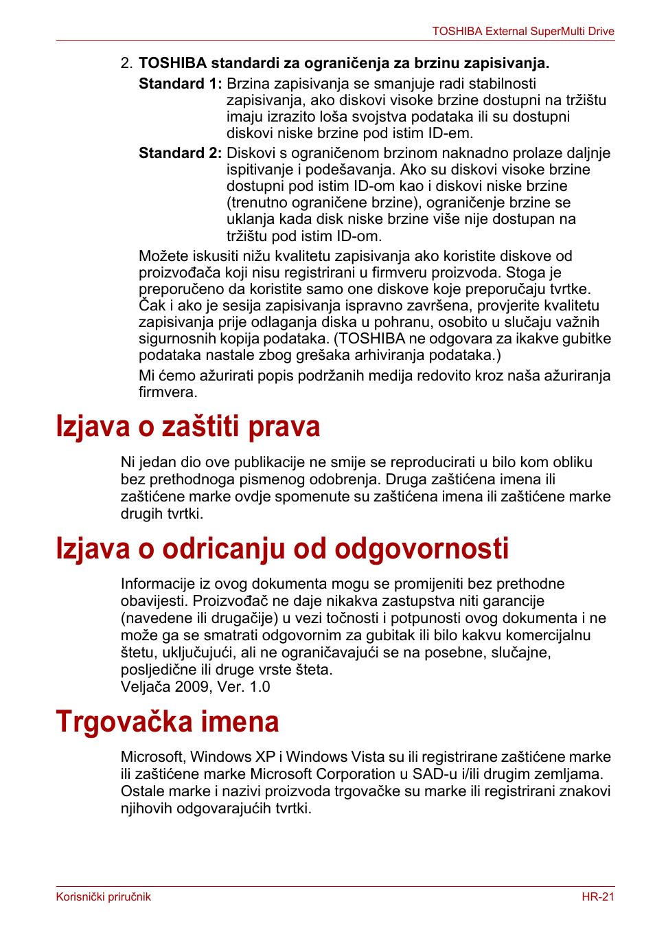 Izjava o zaštiti prava, Izjava o odricanju od odgovornosti, Trgovačka imena | Toshiba External SuperMulti Drive User Manual | Page 215 / 533