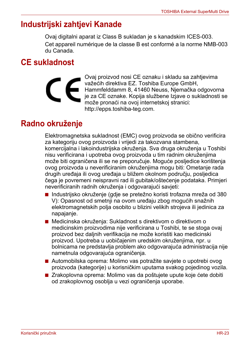 Industrijski zahtjevi kanade, Ce sukladnost, Radno okruženje | Toshiba External SuperMulti Drive User Manual | Page 217 / 533