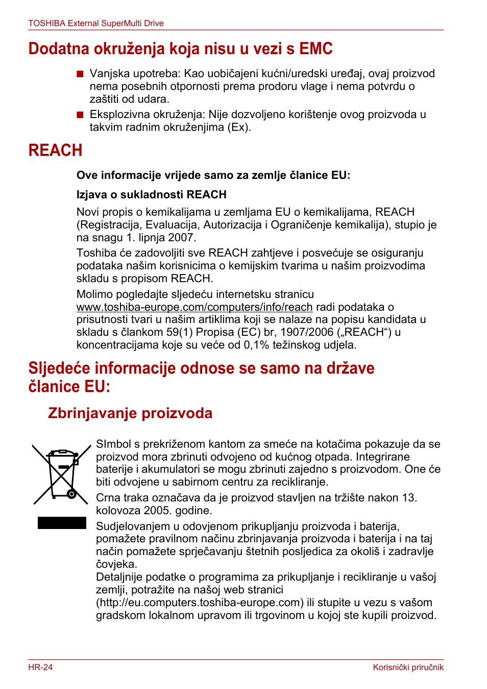 Dodatna okruženja koja nisu u vezi s emc, Reach, Zbrinjavanje proizvoda | Toshiba External SuperMulti Drive User Manual | Page 218 / 533