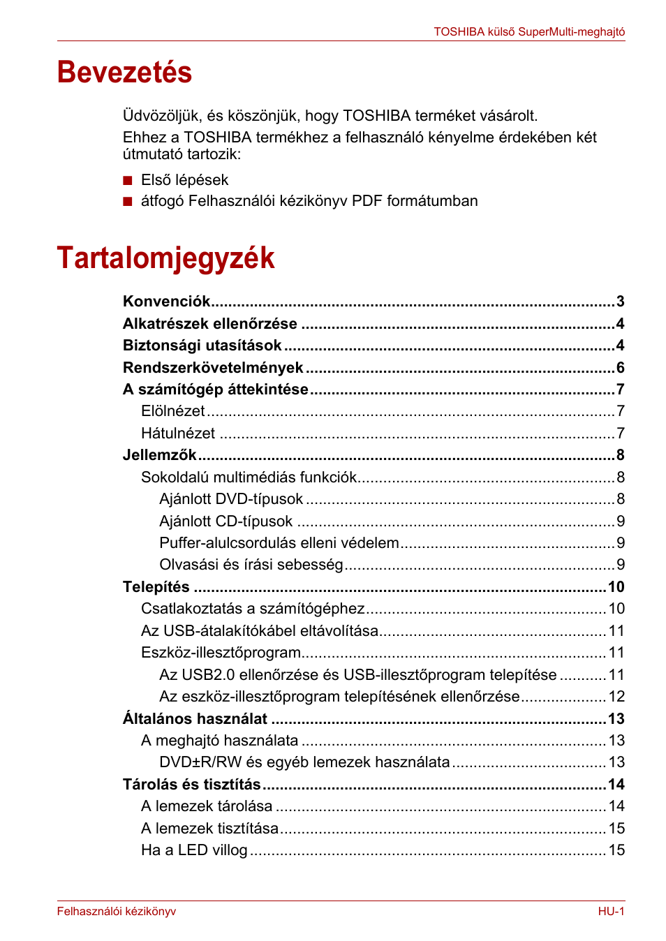 Felhasználói kézikönyv, Bevezetés, Tartalomjegyzék | Toshiba External SuperMulti Drive User Manual | Page 219 / 533