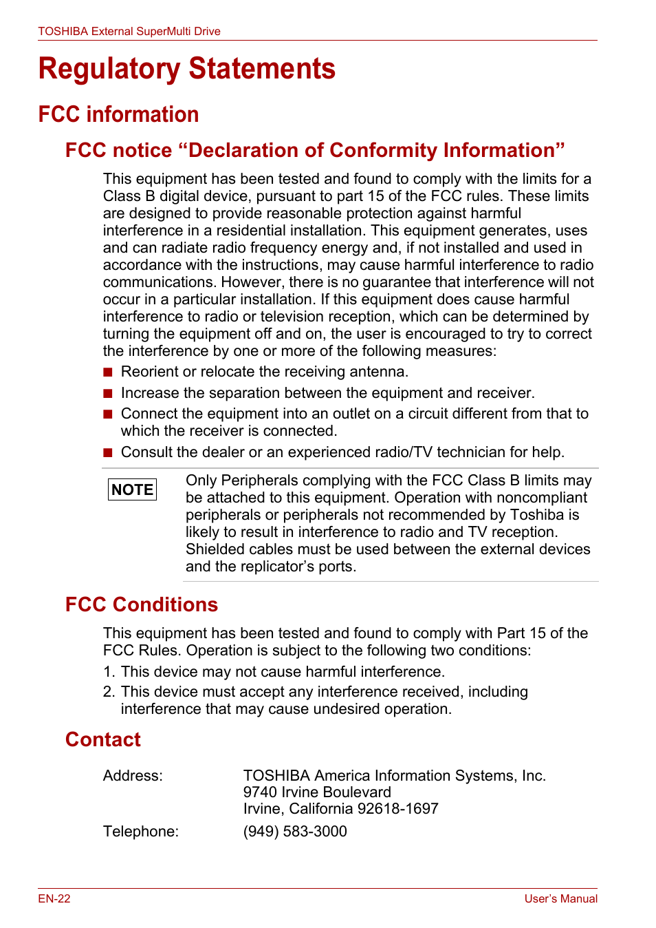 Regulatory statements, Fcc information, Fcc notice “declaration of conformity information | Fcc conditions, Contact | Toshiba External SuperMulti Drive User Manual | Page 22 / 533