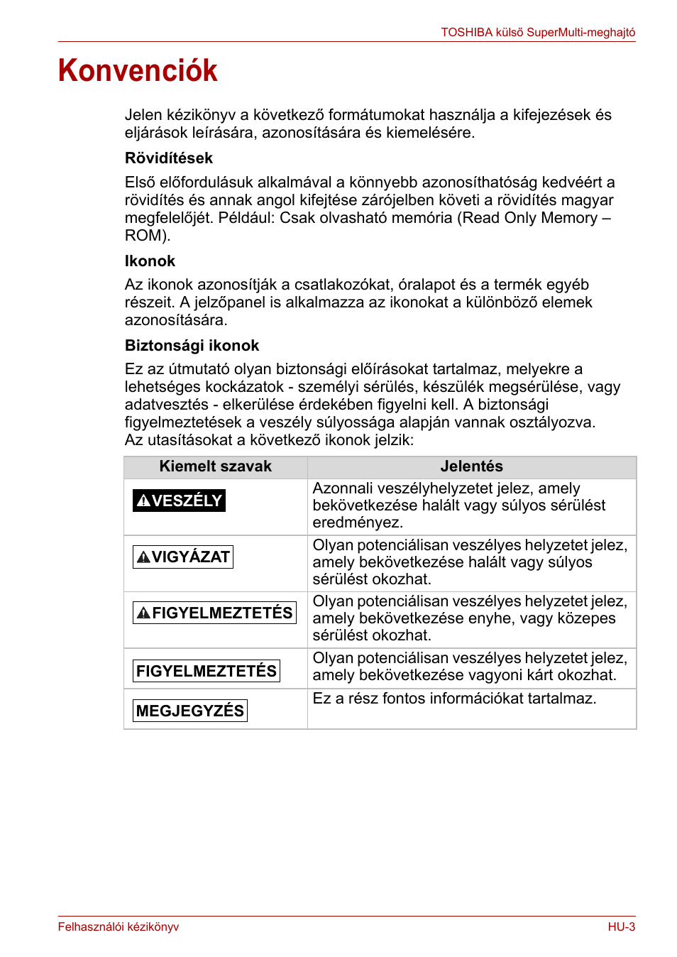 Konvenciók | Toshiba External SuperMulti Drive User Manual | Page 221 / 533