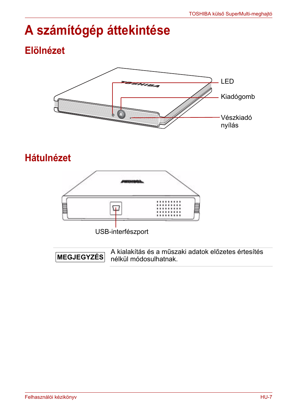 A számítógép áttekintése, Elölnézet, Hátulnézet | Elölnézet hátulnézet | Toshiba External SuperMulti Drive User Manual | Page 225 / 533