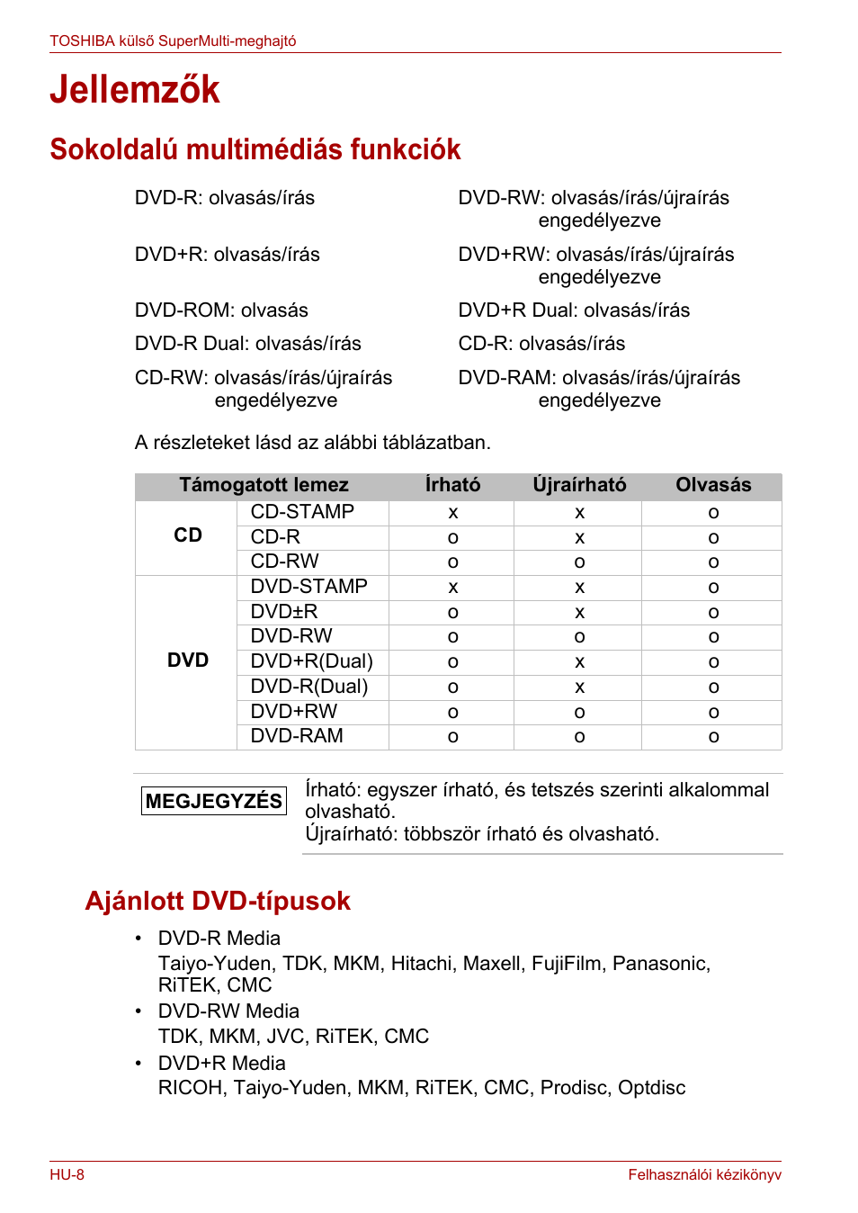 Jellemzők, Sokoldalú multimédiás funkciók, Ajánlott dvd-típusok | Toshiba External SuperMulti Drive User Manual | Page 226 / 533