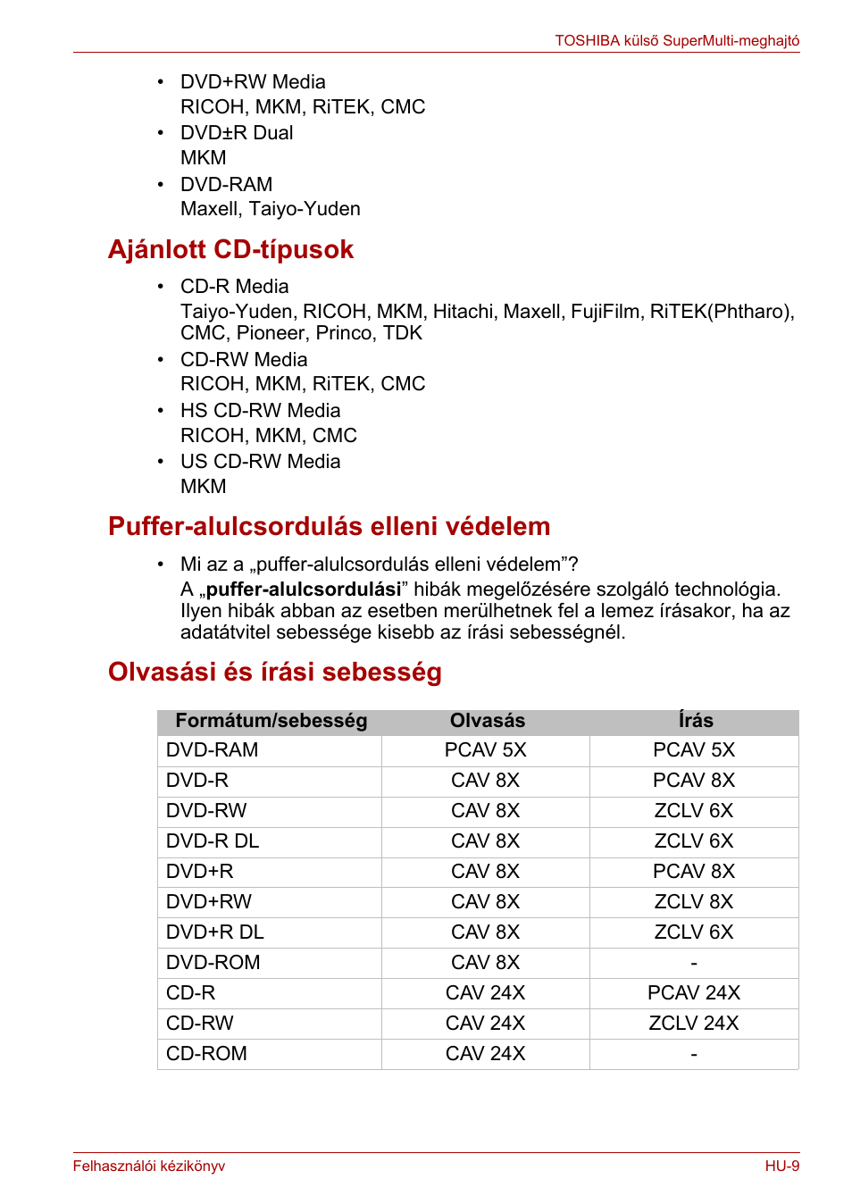 Ajánlott cd-típusok, Puffer-alulcsordulás elleni védelem, Olvasási és írási sebesség | Toshiba External SuperMulti Drive User Manual | Page 227 / 533