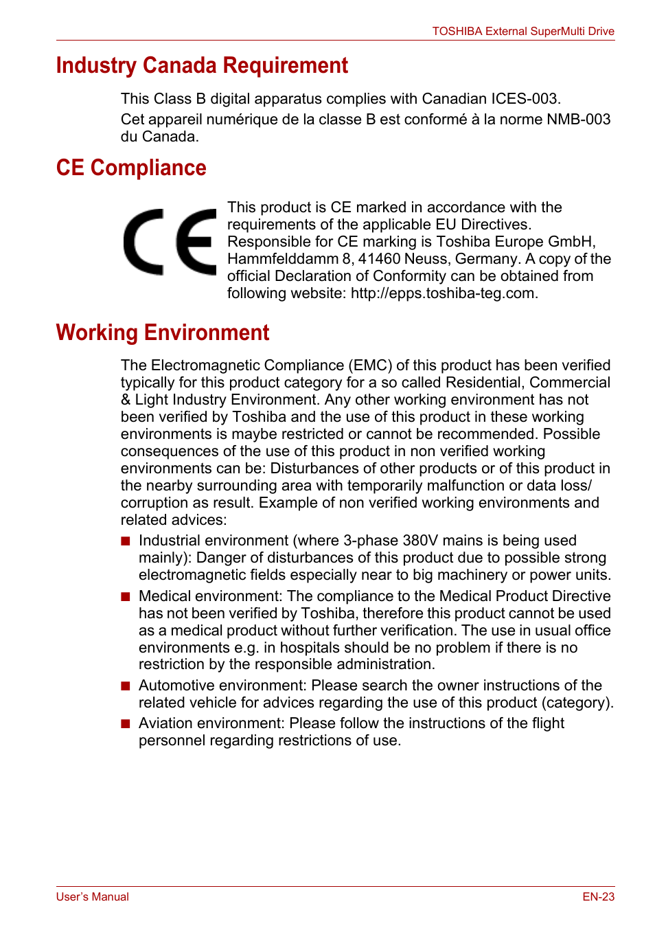 Industry canada requirement, Ce compliance, Working environment | Toshiba External SuperMulti Drive User Manual | Page 23 / 533