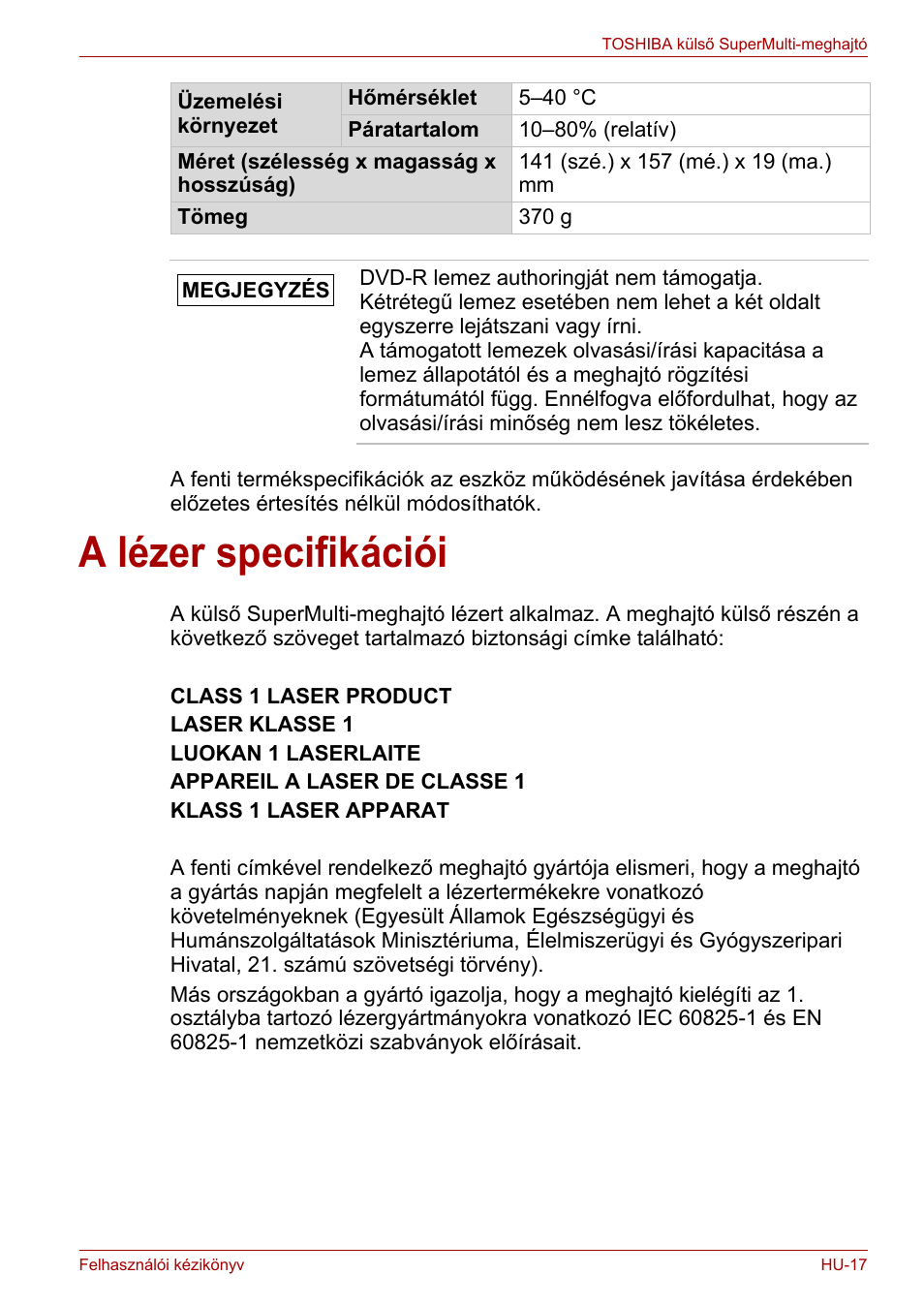 A lézer specifikációi | Toshiba External SuperMulti Drive User Manual | Page 235 / 533