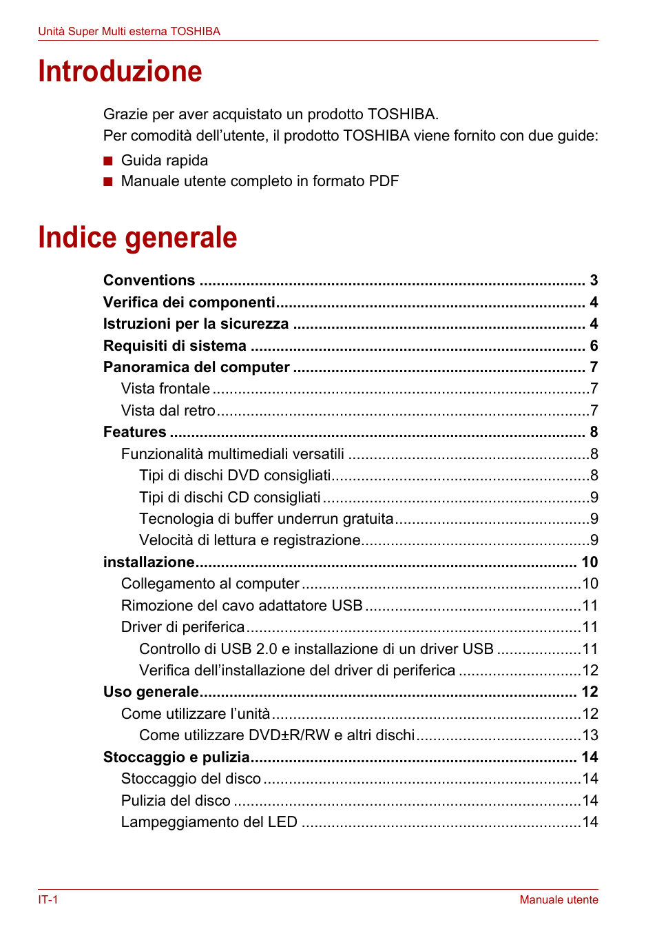 Manuale utente, Introduzione, Indice generale | Toshiba External SuperMulti Drive User Manual | Page 244 / 533