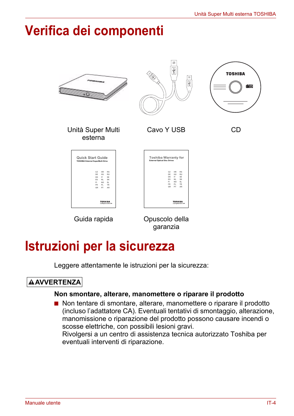 Verifica dei componenti, Istruzioni per la sicurezza, Avvertenza | Toshiba External SuperMulti Drive User Manual | Page 247 / 533