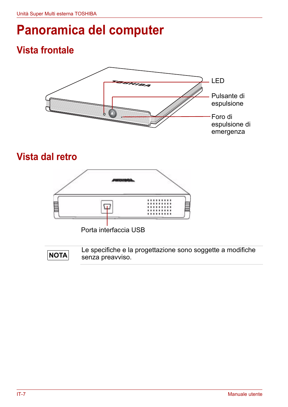 Panoramica del computer, Vista frontale, Vista dal retro | Vista frontale vista dal retro | Toshiba External SuperMulti Drive User Manual | Page 250 / 533