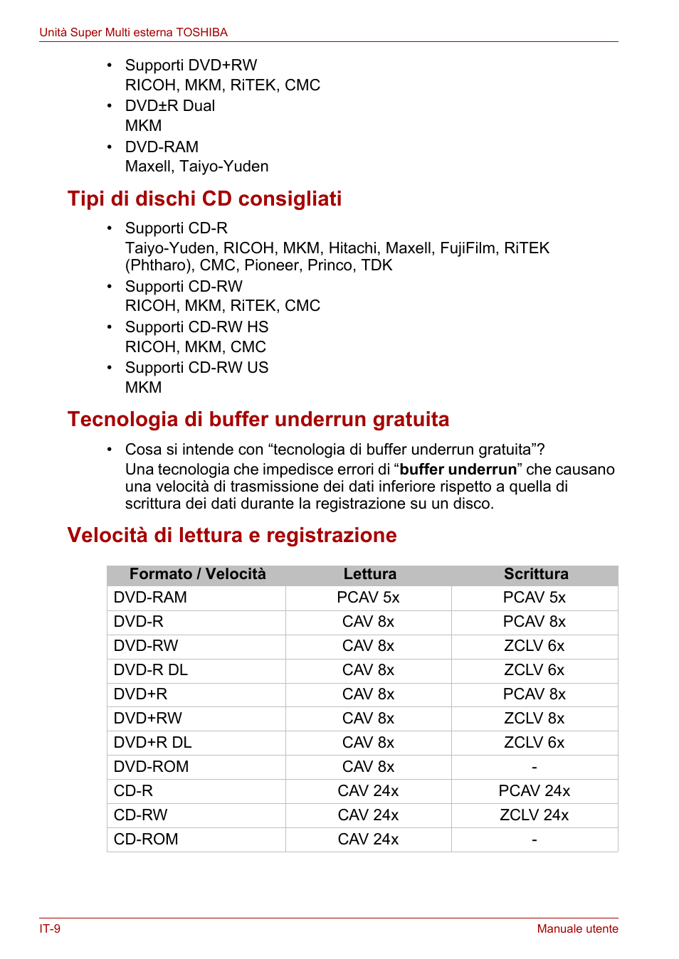 Tipi di dischi cd consigliati, Tecnologia di buffer underrun gratuita, Velocità di lettura e registrazione | Toshiba External SuperMulti Drive User Manual | Page 252 / 533