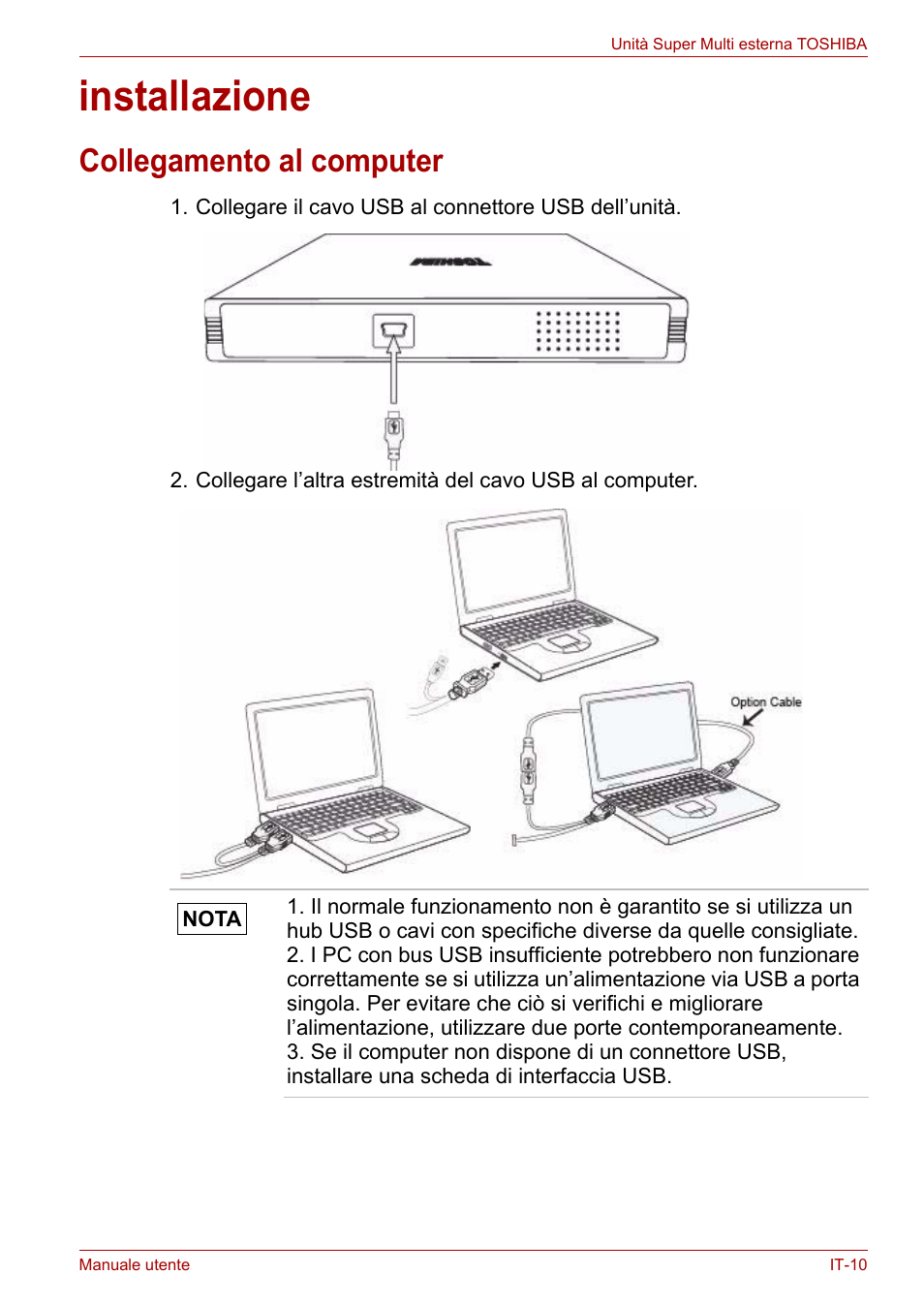 Installazione, Collegamento al computer | Toshiba External SuperMulti Drive User Manual | Page 253 / 533