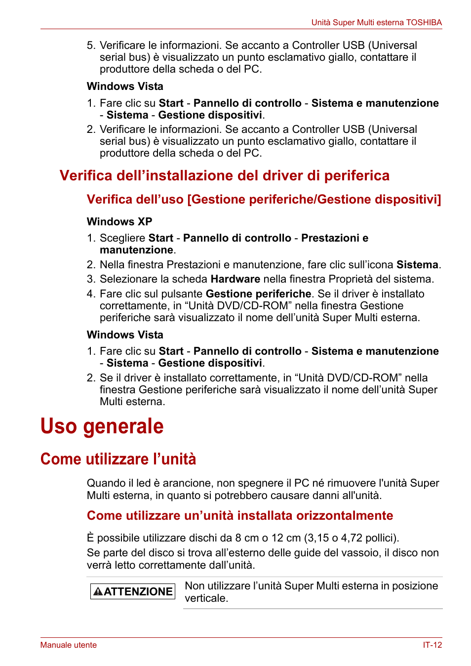 Uso generale, Come utilizzare l’unità | Toshiba External SuperMulti Drive User Manual | Page 255 / 533