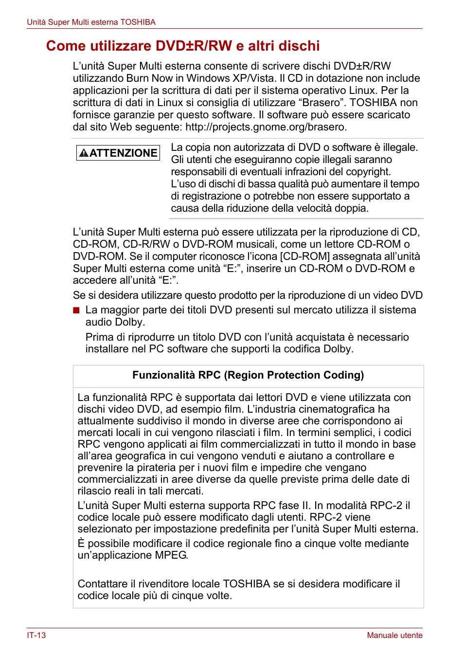 Come utilizzare dvd±r/rw e altri dischi | Toshiba External SuperMulti Drive User Manual | Page 256 / 533