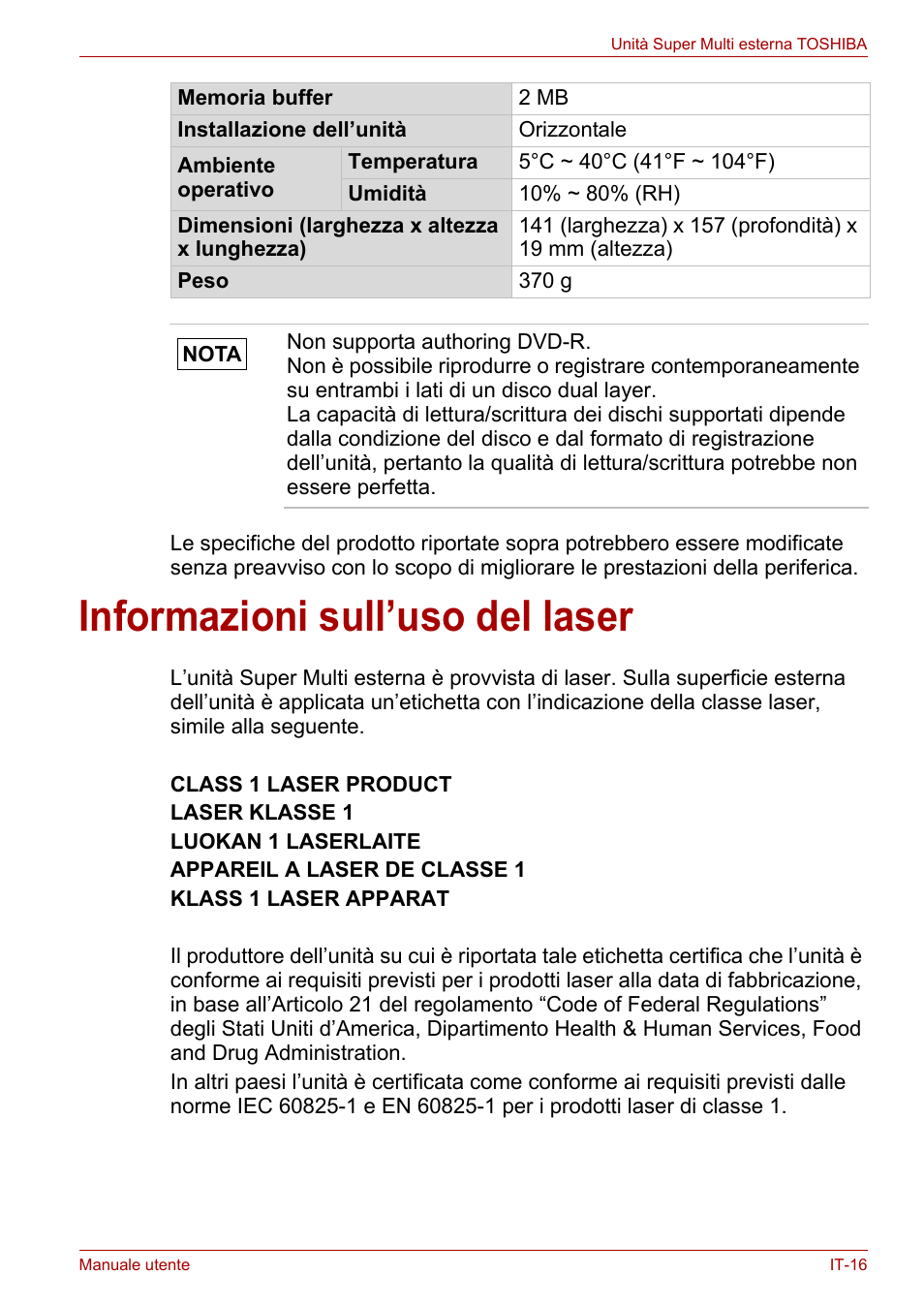 Informazioni sull’uso del laser | Toshiba External SuperMulti Drive User Manual | Page 259 / 533