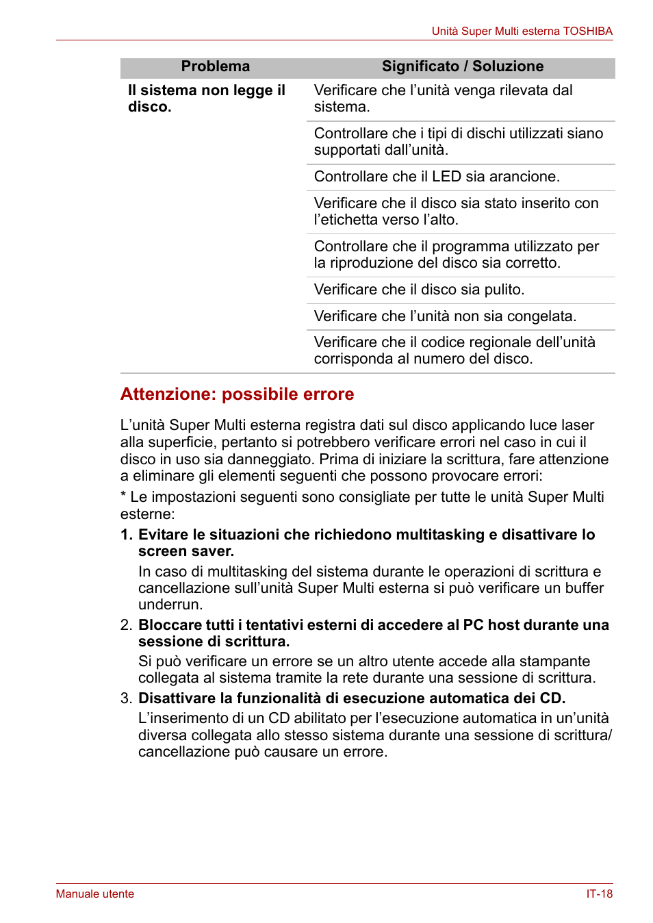 Attenzione: possibile errore | Toshiba External SuperMulti Drive User Manual | Page 261 / 533