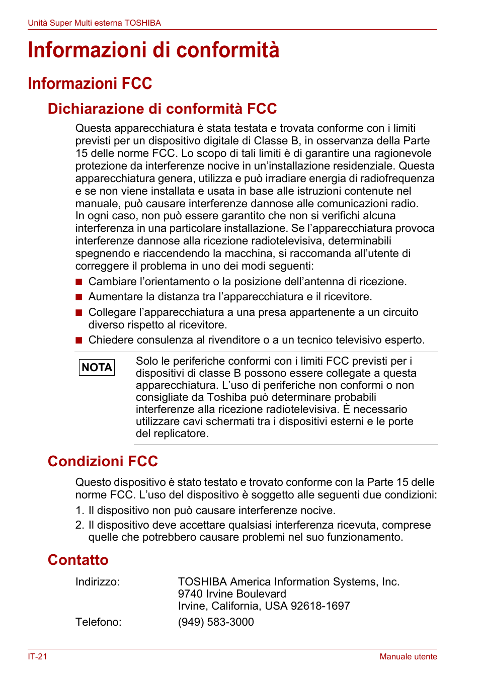 Informazioni di conformità, Informazioni fcc, Dichiarazione di conformità fcc | Condizioni fcc, Contatto | Toshiba External SuperMulti Drive User Manual | Page 264 / 533