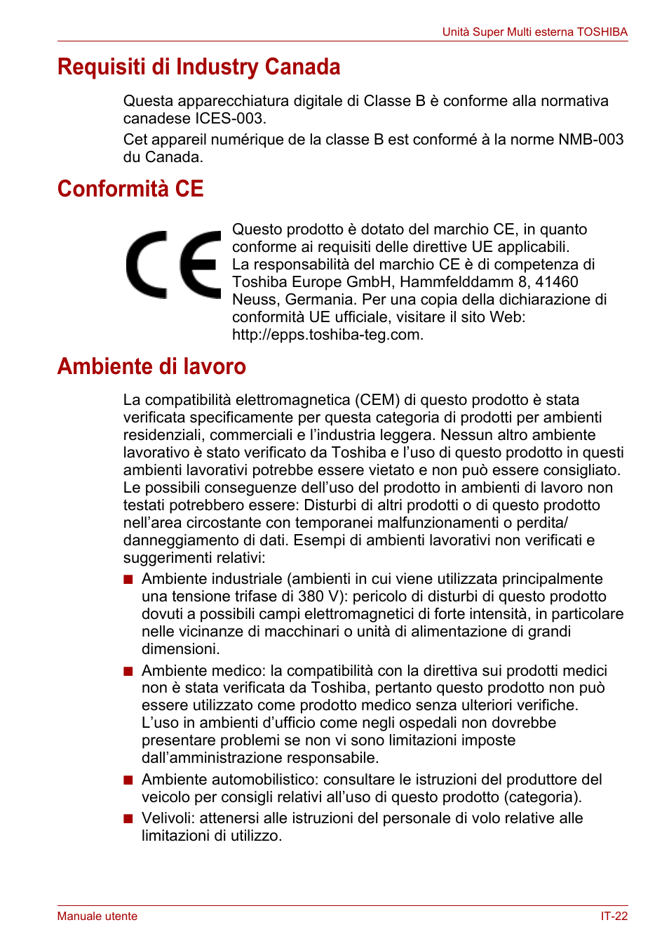 Requisiti di industry canada, Conformità ce, Ambiente di lavoro | Toshiba External SuperMulti Drive User Manual | Page 265 / 533