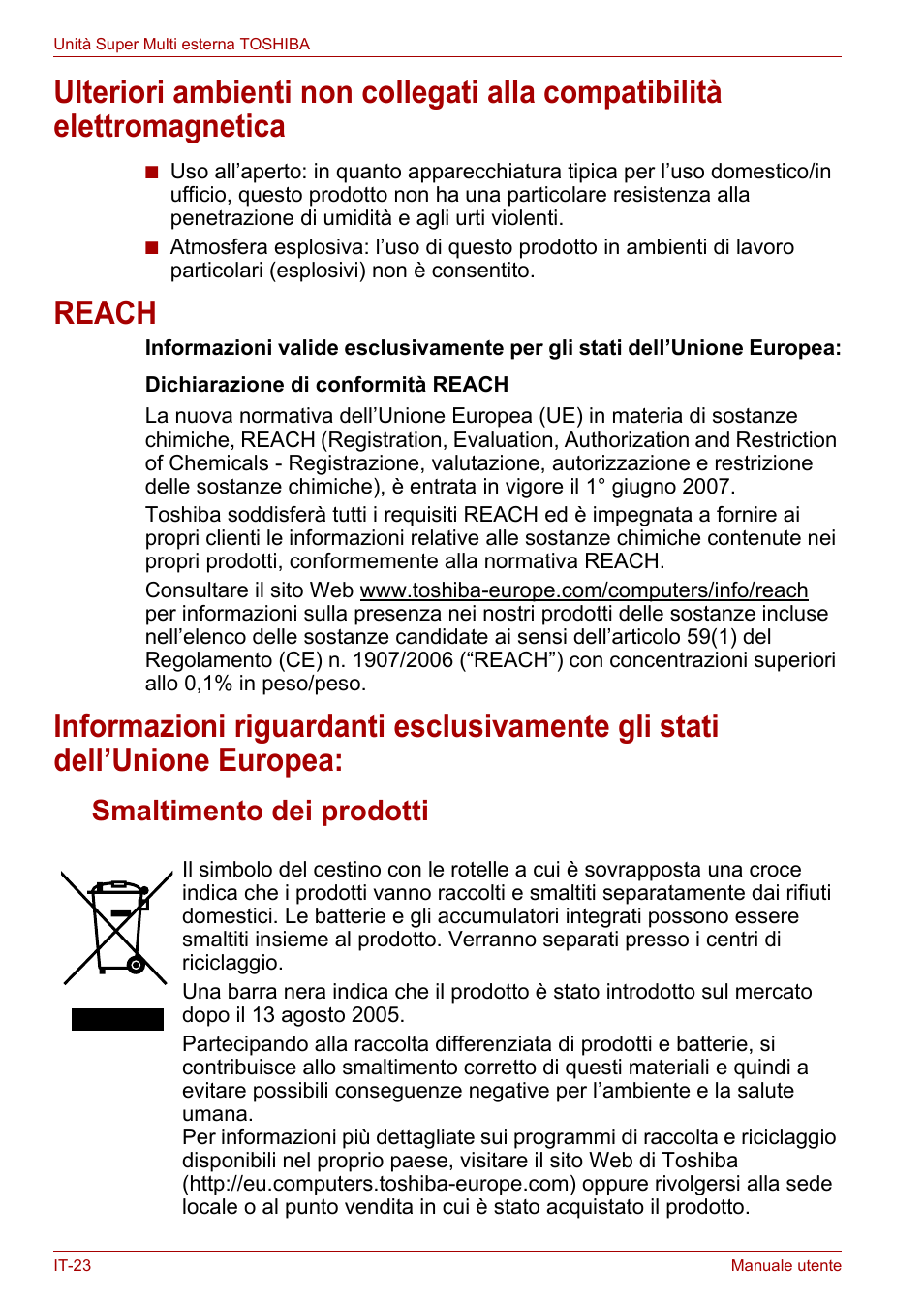 Reach, Smaltimento dei prodotti | Toshiba External SuperMulti Drive User Manual | Page 266 / 533