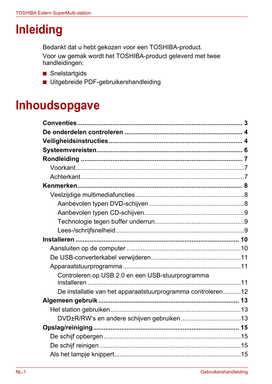 Gebruikershandleiding, Inleiding, Inhoudsopgave | Toshiba External SuperMulti Drive User Manual | Page 268 / 533