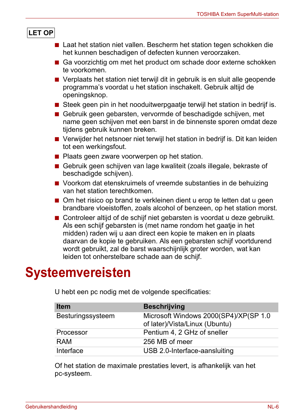 Systeemvereisten | Toshiba External SuperMulti Drive User Manual | Page 273 / 533