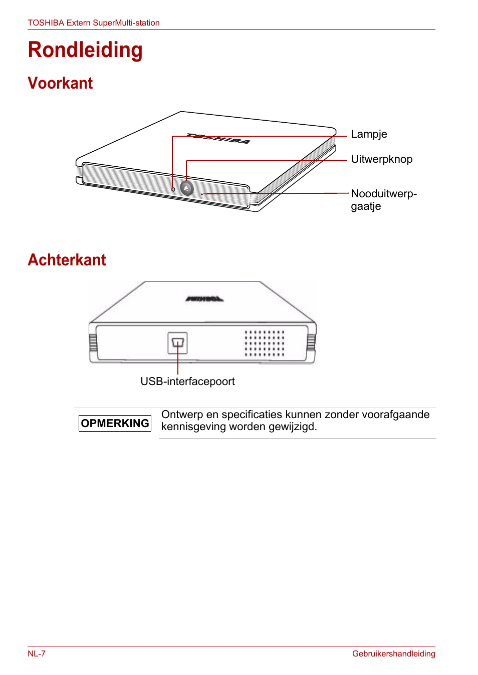 Rondleiding, Voorkant, Achterkant | Voorkant achterkant | Toshiba External SuperMulti Drive User Manual | Page 274 / 533