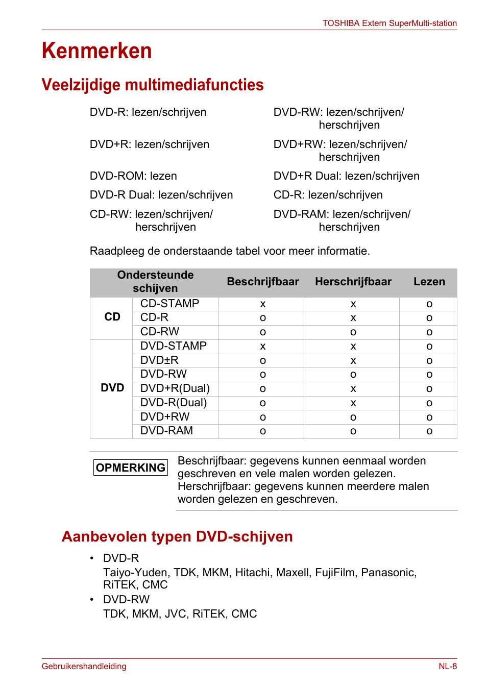 Kenmerken, Veelzijdige multimediafuncties, Aanbevolen typen dvd-schijven | Toshiba External SuperMulti Drive User Manual | Page 275 / 533