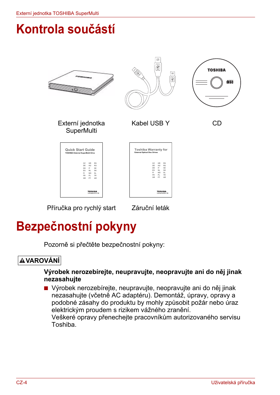 Kontrola součástí, Bezpečnostní pokyny, Kontrola součástí bezpečnostní pokyny | Varování | Toshiba External SuperMulti Drive User Manual | Page 28 / 533