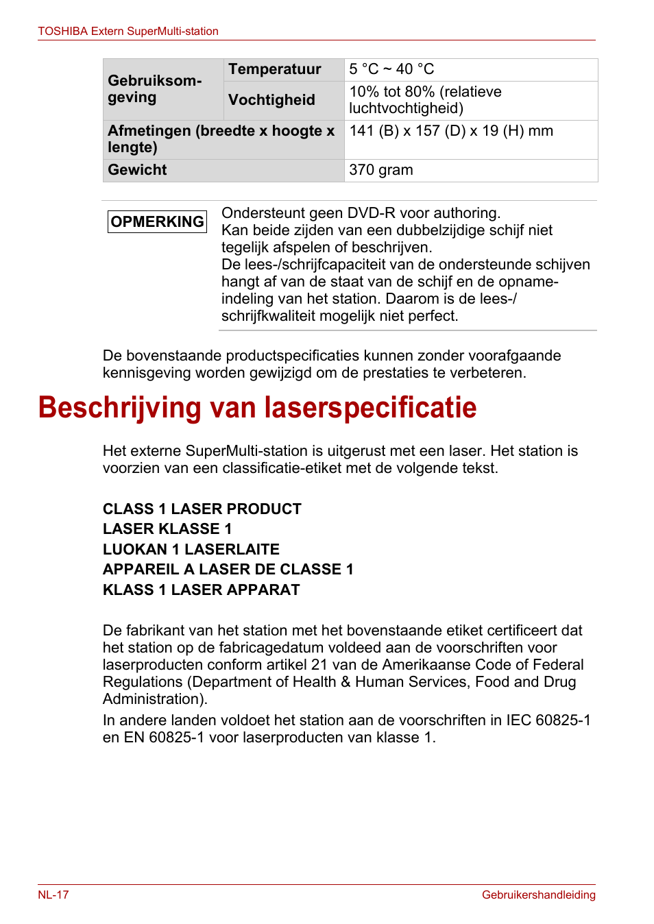 Beschrijving van laserspecificatie | Toshiba External SuperMulti Drive User Manual | Page 284 / 533