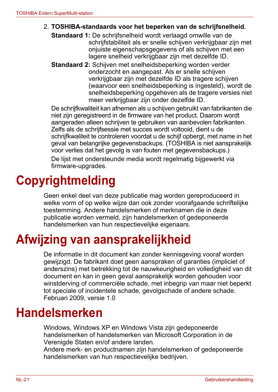 Copyrightmelding, Afwijzing van aansprakelijkheid, Handelsmerken | Toshiba External SuperMulti Drive User Manual | Page 288 / 533