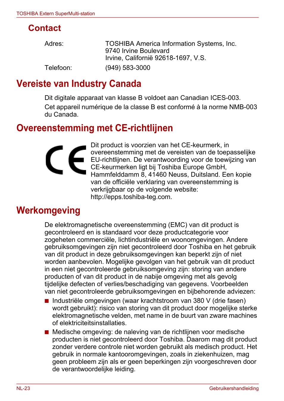 Contact, Vereiste van industry canada, Overeenstemming met ce-richtlijnen | Werkomgeving | Toshiba External SuperMulti Drive User Manual | Page 290 / 533