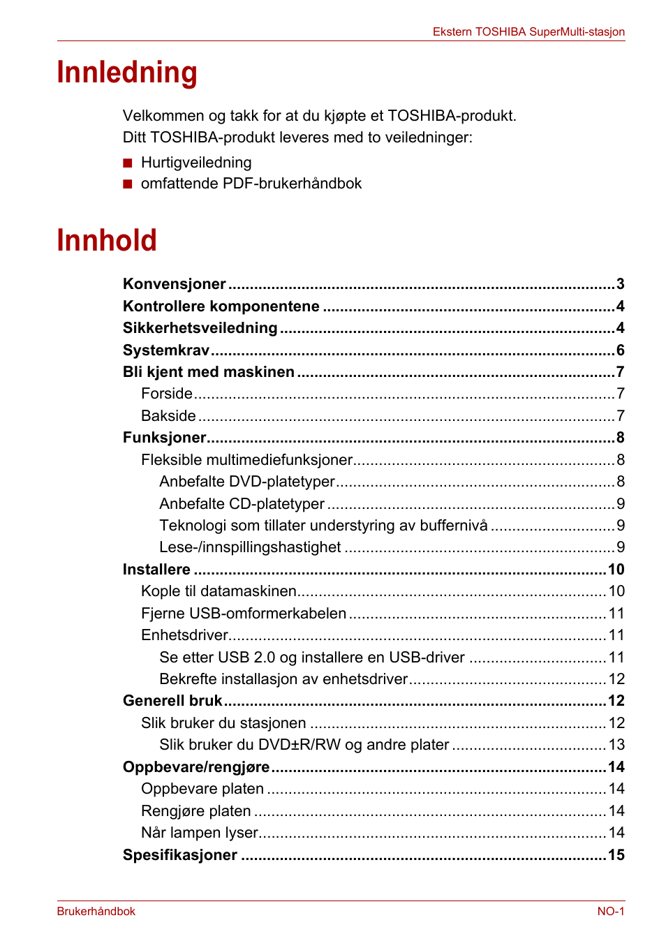 Brukerhåndbok, Innledning, Innhold | Toshiba External SuperMulti Drive User Manual | Page 293 / 533