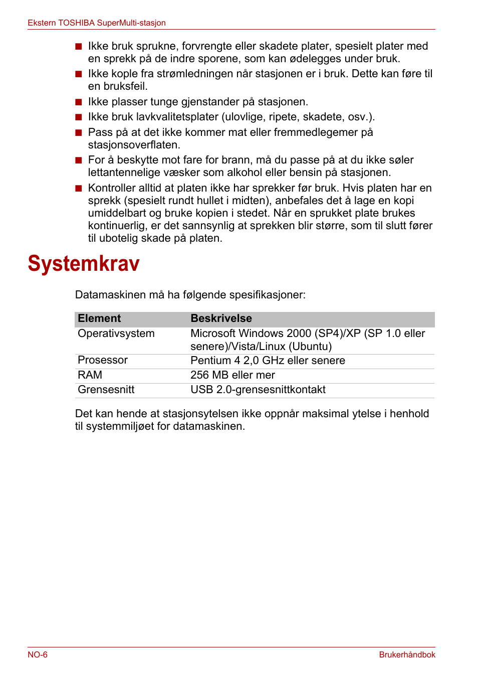 Systemkrav | Toshiba External SuperMulti Drive User Manual | Page 298 / 533