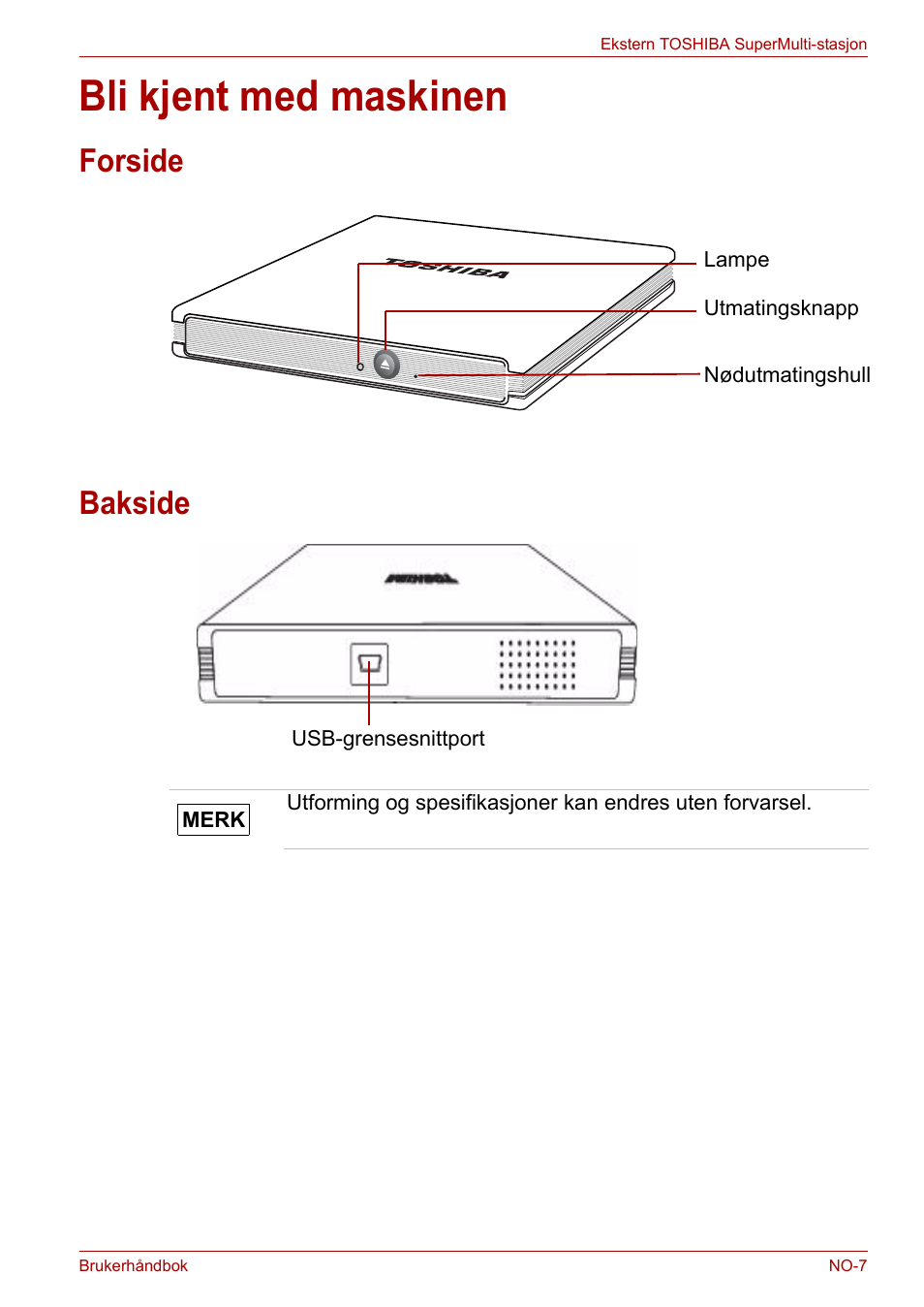 Bli kjent med maskinen, Forside, Bakside | Forside bakside | Toshiba External SuperMulti Drive User Manual | Page 299 / 533