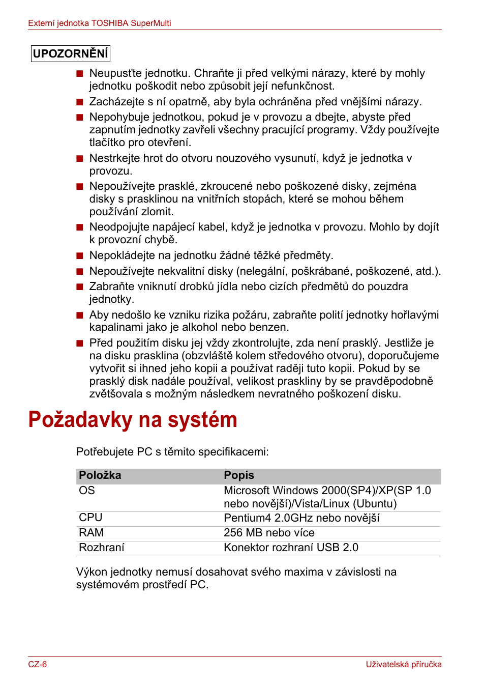 Požadavky na systém | Toshiba External SuperMulti Drive User Manual | Page 30 / 533