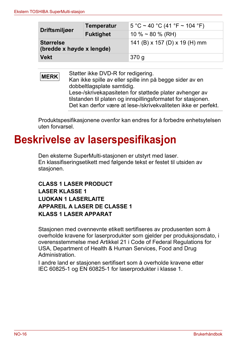 Beskrivelse av laserspesifikasjon | Toshiba External SuperMulti Drive User Manual | Page 308 / 533