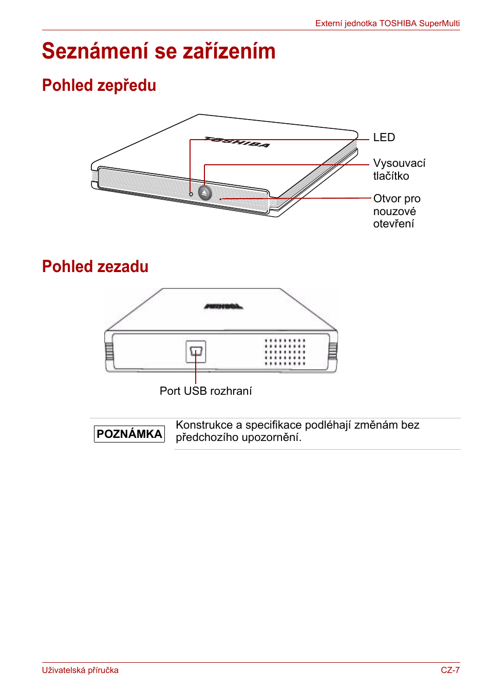 Seznámení se zařízením, Pohled zepředu, Pohled zezadu | Pohled zepředu pohled zezadu | Toshiba External SuperMulti Drive User Manual | Page 31 / 533