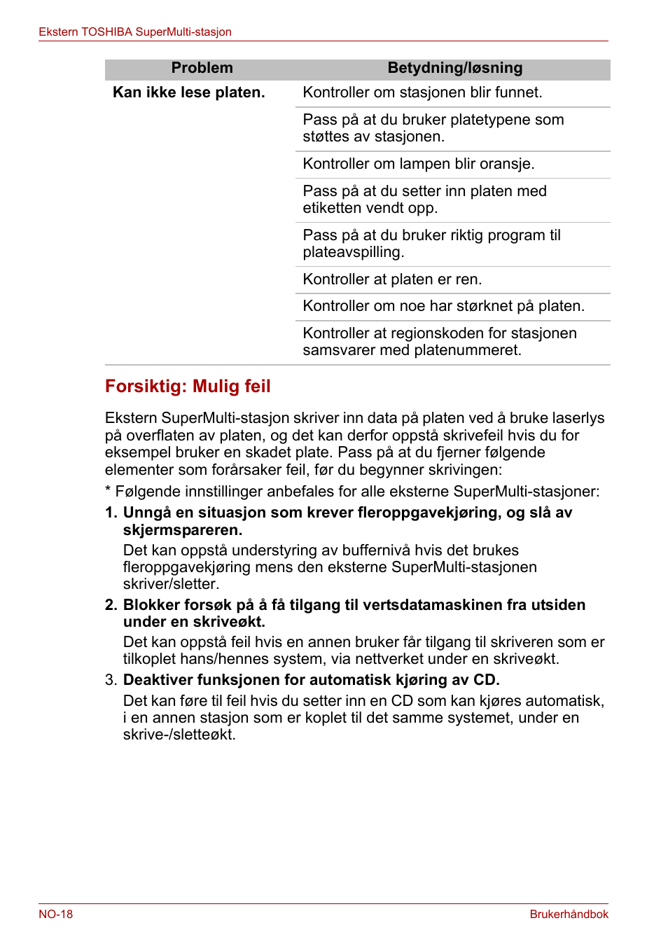 Forsiktig: mulig feil | Toshiba External SuperMulti Drive User Manual | Page 310 / 533