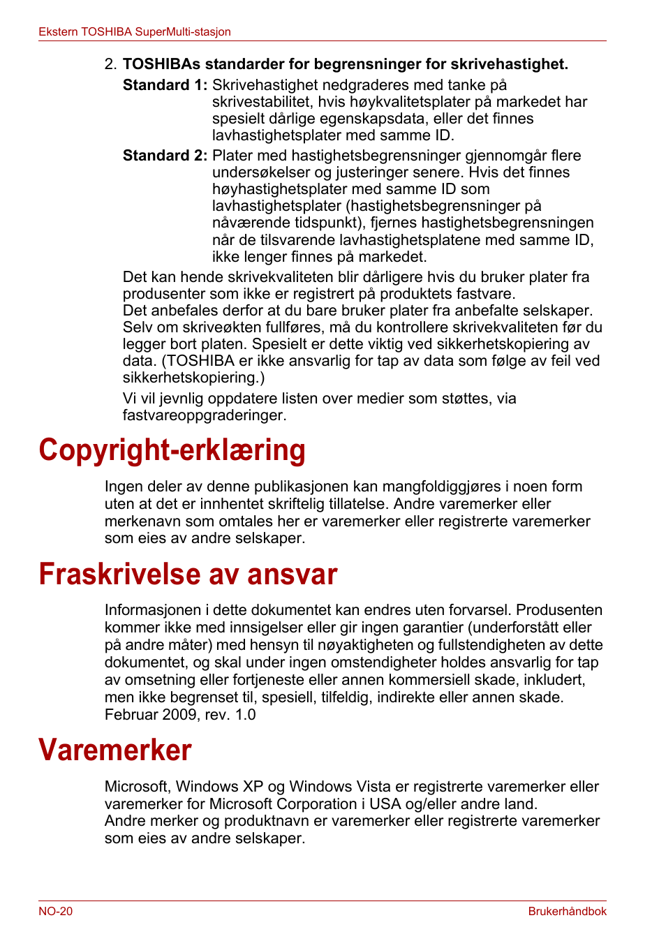 Copyright-erklæring, Fraskrivelse av ansvar, Varemerker | Toshiba External SuperMulti Drive User Manual | Page 312 / 533